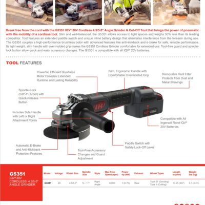 G5351-K22 20V-CORDLESS 115125mm Angle Grinder Ingersoll Rand®